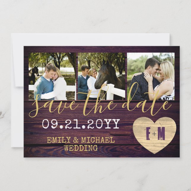 Rustic PHOTO Save The Date Purple Gold (Front)
