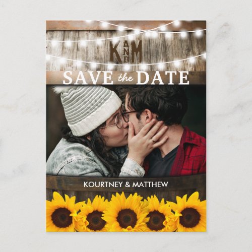 Rustic Photo Save the Date | Sunflower Wedding Announcement Postcard - Rustic wedding save the date cards featuring a photo of you and your partner, a country barn oak barrel background, twinkle string lights, elegant yellow sunflowers, your monogram and modern wedding wording. Click on the “Customize it” button for further personalization of this template. You will be able to modify all text, including the style, colors, and sizes. You will find matching items further down the page, if however you can't find what you looking for please contact me.