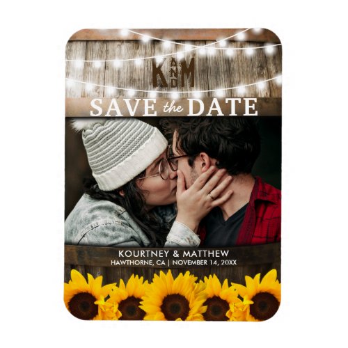 Rustic Photo Save the Date | Sunflower Wedding Magnet - Rustic wedding save the date magnet featuring a photo of you and your partner, a country barn oak barrel background, twinkle string lights, elegant yellow sunflowers, your monogram, your name, location, and wedding date. Click on the “Customize it” button for further personalization of this template. You will be able to modify all text, including the style, colors, and sizes. You will find matching items further down the page, if however you can't find what you looking for please contact me.