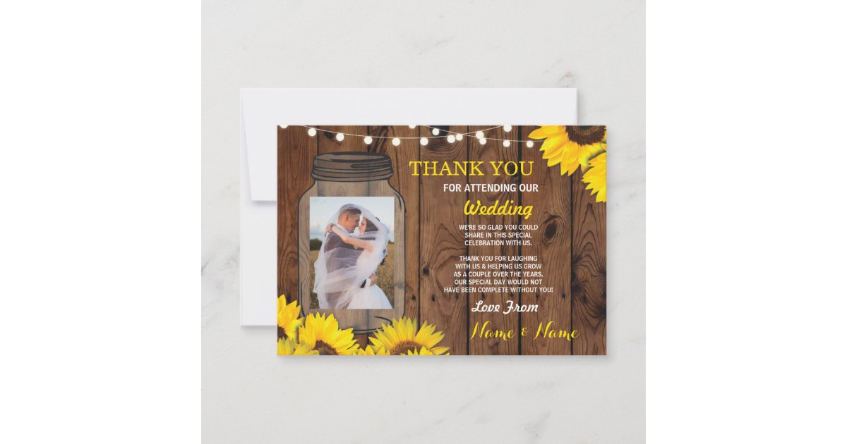 Rustic Photo Thank You Card Wedding Jar Sunflowers | Zazzle
