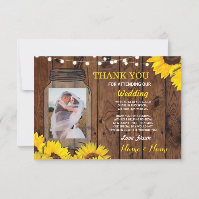 Rustic Photo Thank You Card Wedding Jar Sunflowers (Front)