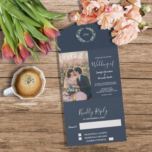 Rustic photo watercolor leaves Wedding All In One Invitation