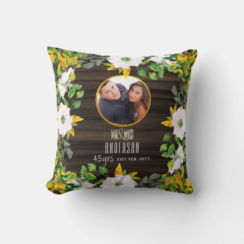 RUSTIC PHOTO Wed.Anniversary ANY Milestone Florals Throw Pillow