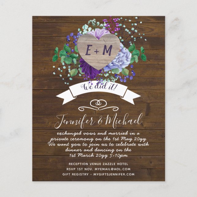 Rustic PHOTO Wedding Announcement or Invite Budget (Front)