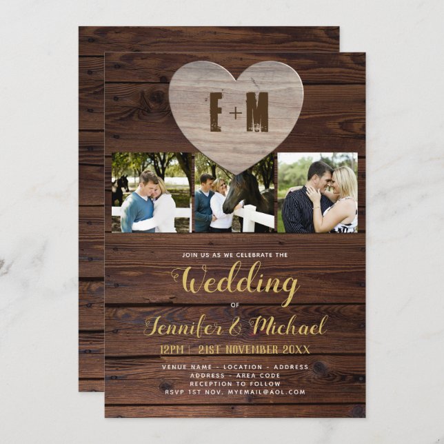 Rustic PHOTO Wedding Invitations Gold Calligraphy (Front/Back)