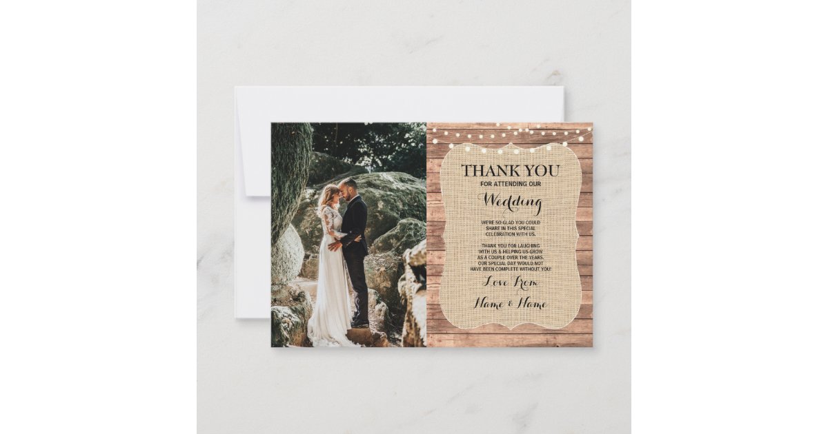 Rustic Photo Wedding Thank You Card Burlap Wood | Zazzle