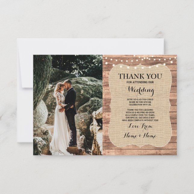 Rustic Photo Wedding Thank You Card Burlap Wood (Front)