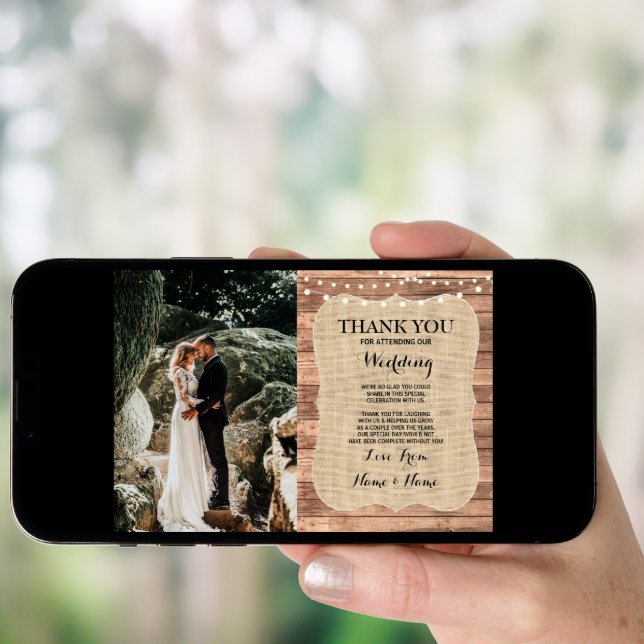Rustic Photo Wedding Thank You Card Burlap Wood (Front Digital)