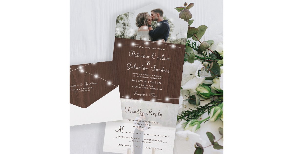 Rustic photo wood string lights rsvp wedding all in one invitation | Zazzle
