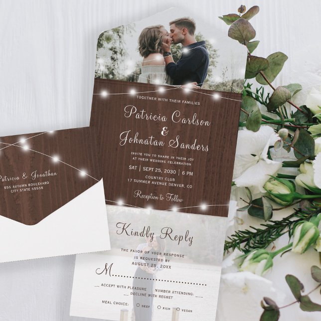 Rustic photo wood string lights rsvp wedding all in one invitation (Creator Uploaded)