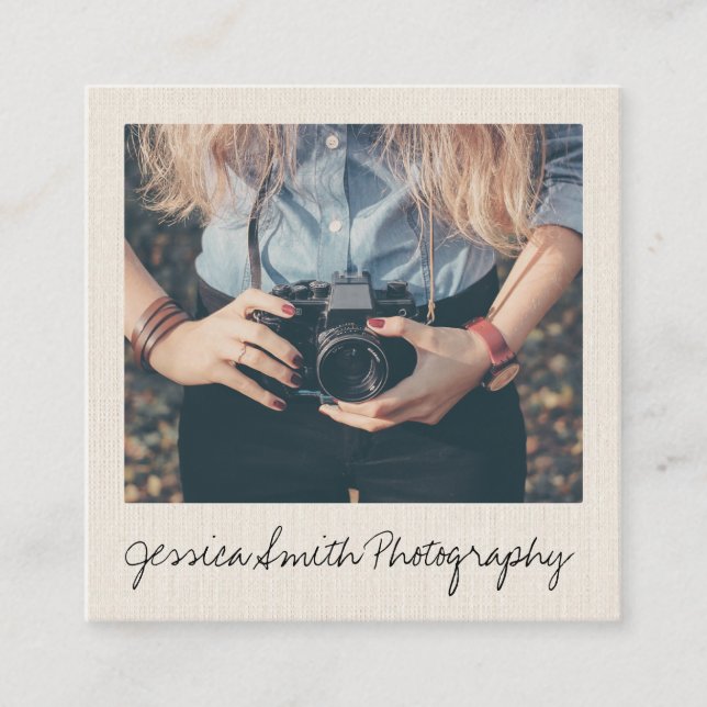 Rustic photographer photo beige paper texture square business card (Front)