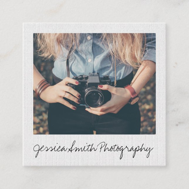 Rustic photographer photo white paper texture square business card (Front)