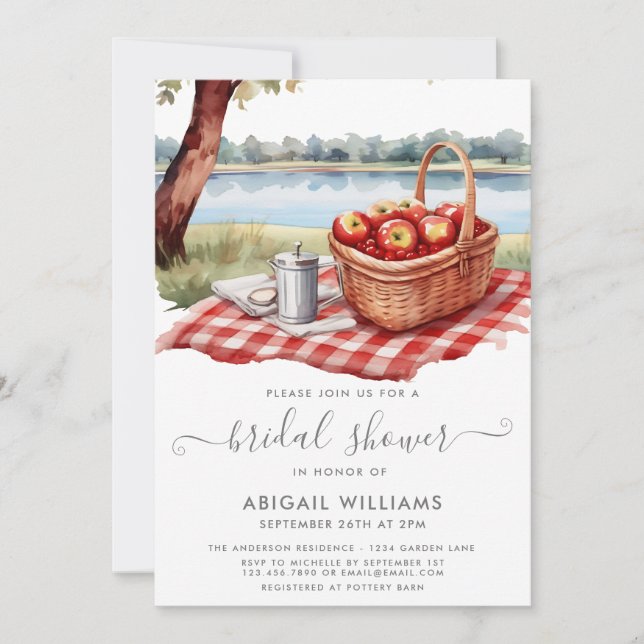 Rustic Picnic Park Lake Apple Red Bridal Shower Invitation (Front)