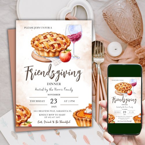 Rustic Pie  Watercolor Friendsgiving Dinner Invitation