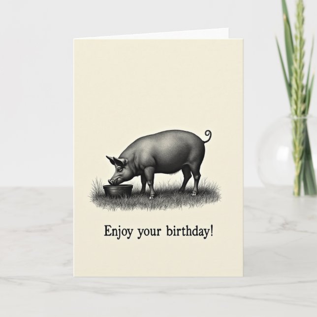 Rustic Pig Engraving Birthday Card (Front)