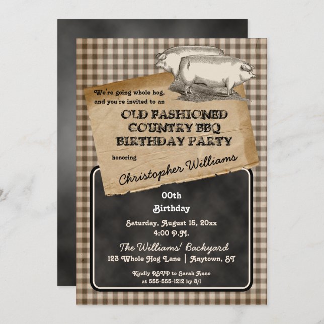 Rustic Pig Roast Backyard BBQ Birthday Party Invitation (Front/Back)