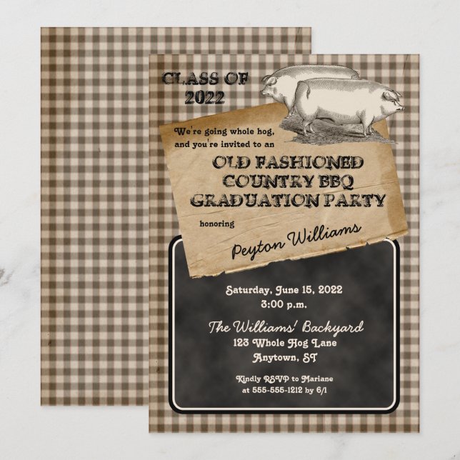 Rustic Pig Roast Backyard BBQ Graduation Party Invitation (Front/Back)