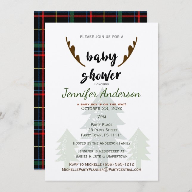 Rustic Pine and Antler Baby Shower Invitation (Front/Back)