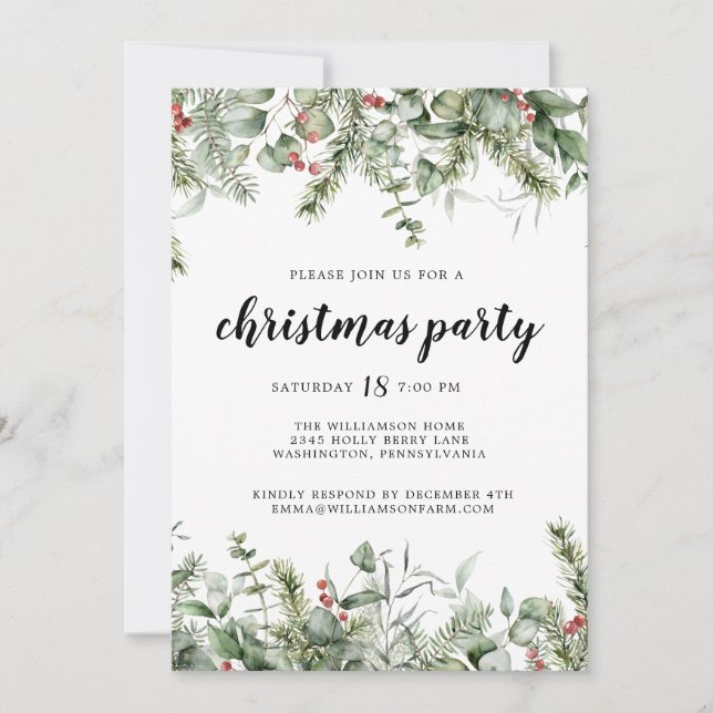 Rustic Pine and Berries Greenery Christmas Party  Invitation (Front)