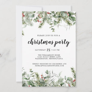 Rustic Pine and Berries Greenery Christmas Party Invitation