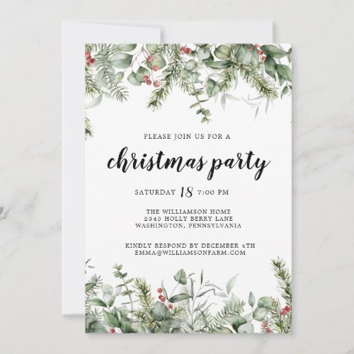 Rustic Pine and Berries Greenery Christmas Party  Invitation