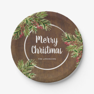 Rustic Pine and Berry Watercolor Christmas Paper Plates