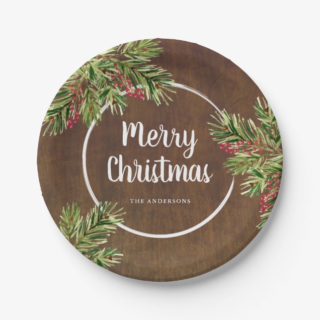 Rustic Pine and Berry Watercolor Christmas Paper Plates (Front)
