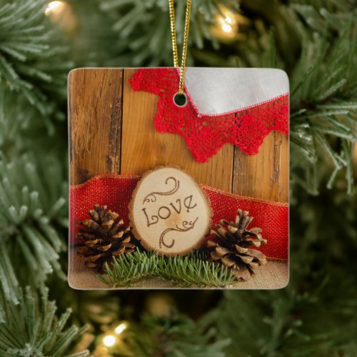 Rustic Pine and Red Lace Winter Woodland Wedding Ceramic Ornament