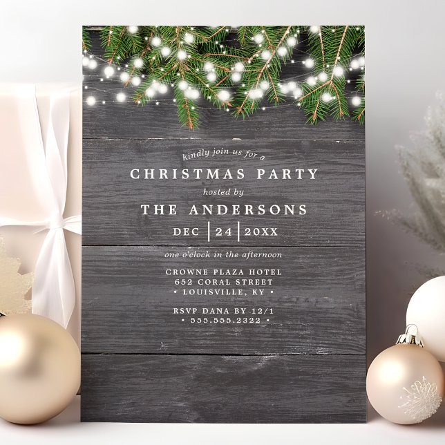 Rustic Pine and Wood String Lights Christmas Party Invitation (Creator Uploaded)