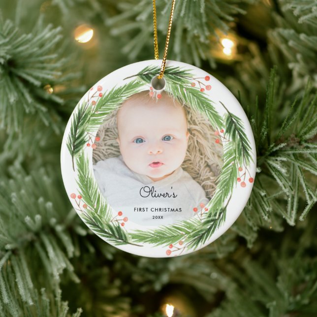 Rustic Pine Baby 1st Christmas Wreath Photo  Ceramic Ornament (Tree)