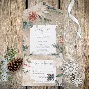 Rustic Pine & Berries Gold QR Code All In One Invitation