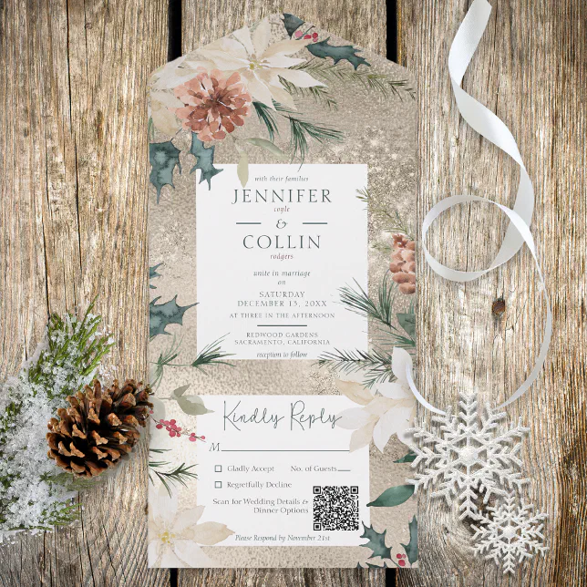 Rustic Pine & Berries Gold QR Code All In One Invitation | Zazzle