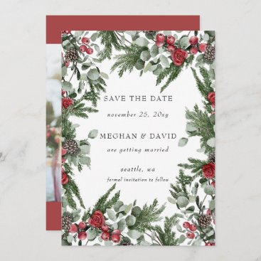 Rustic Pine Berries Winter Christmas Photo Save The Date