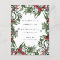 Rustic Pine Berries Winter Christmas Save the Date Announcement Postcard