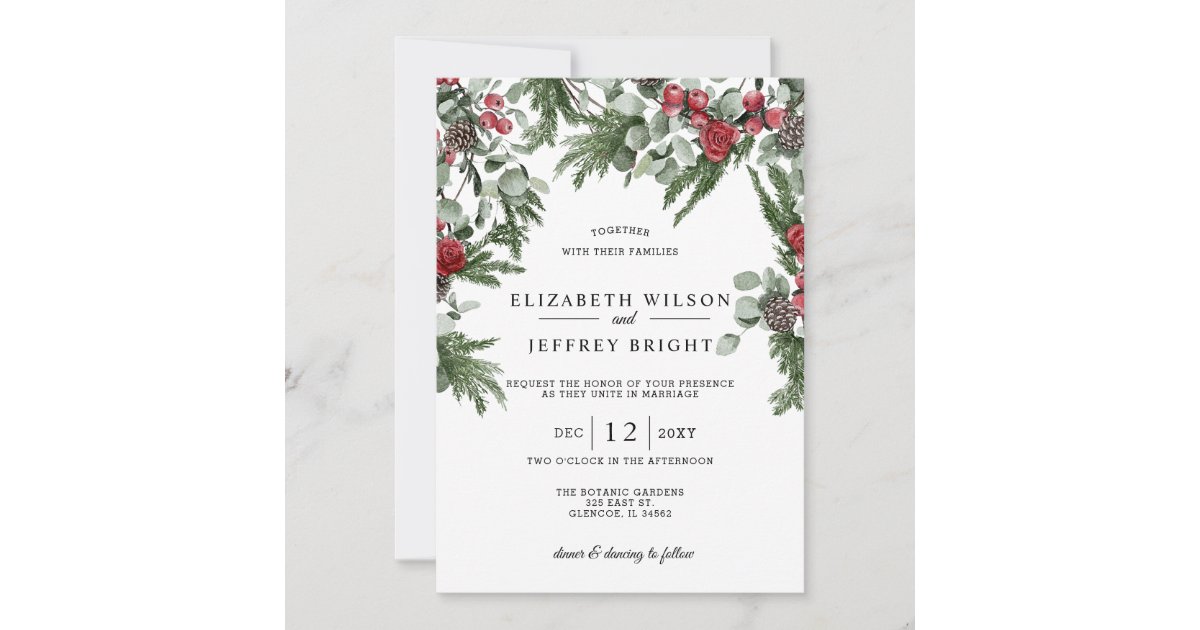 Rustic Pine Berries Winter Christmas Wedding Invitation | Zazzle