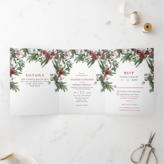 Rustic Pine Berries Winter Christmas Wedding Tri-Fold Invitation