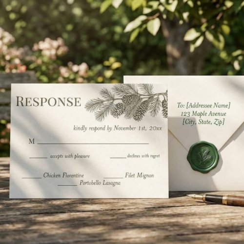 Rustic Pine Branch Greenery Wedding RSVP Response Postcard