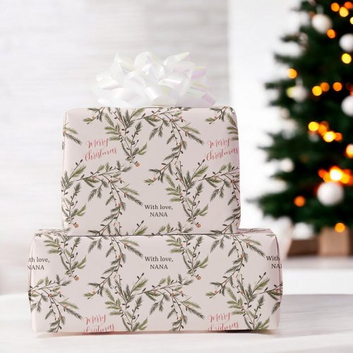 Rustic Pine Branches Holiday pink Merry Christmas Wrapping Paper