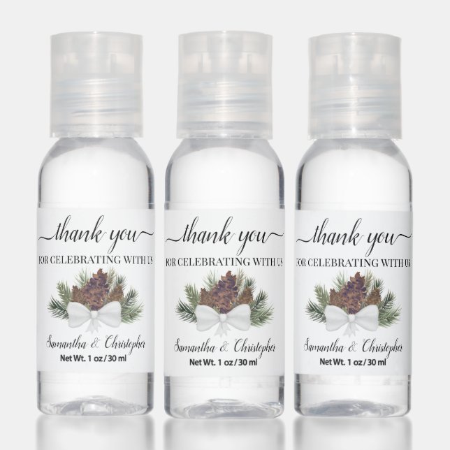 Rustic Pine Branches & Pinecones Wedding Thank You Hand Sanitizer (Set)