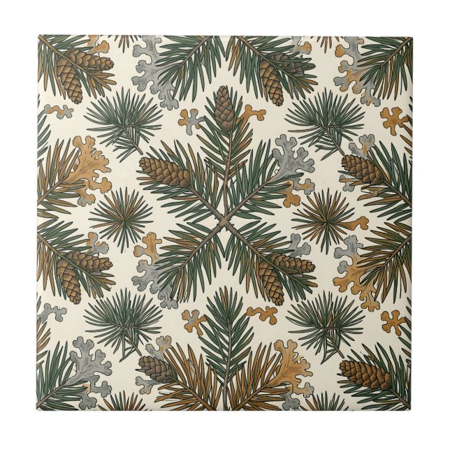 Rustic Pine Branches Pinecones Woodland Pattern Ceramic Tile (Front)