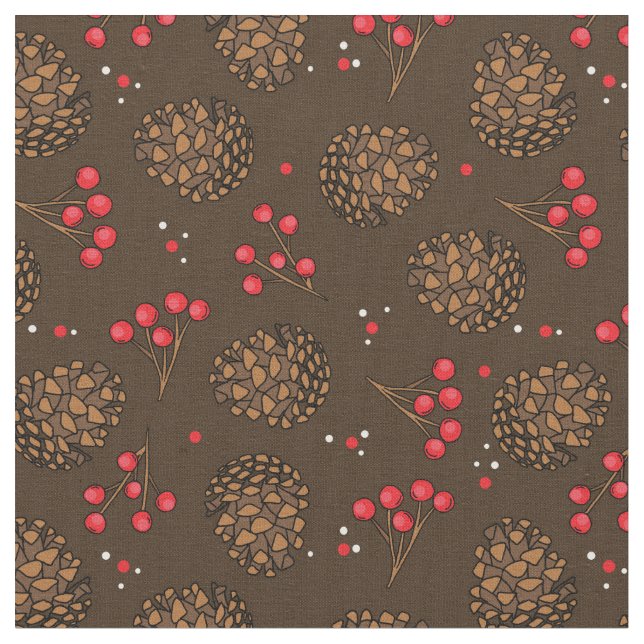 Rustic Pine Cone and Berries Woodland Forest Brown Fabric (Close Up)