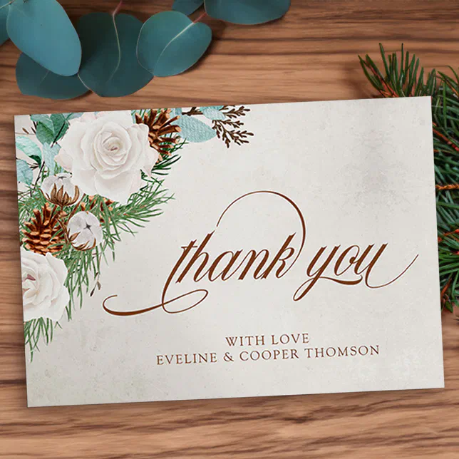 Rustic Pine Cone and Winter White Roses Thank You Card | Zazzle