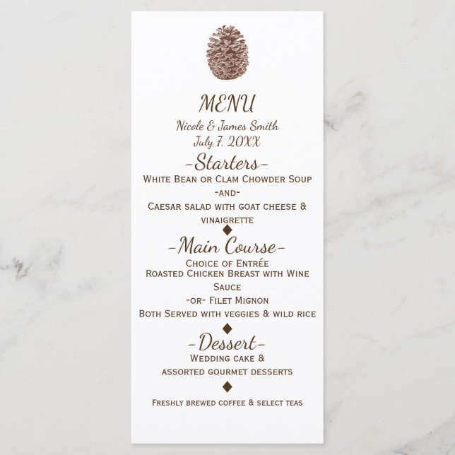 Rustic Pine Cone Elegant Country Wedding Menu (Front)