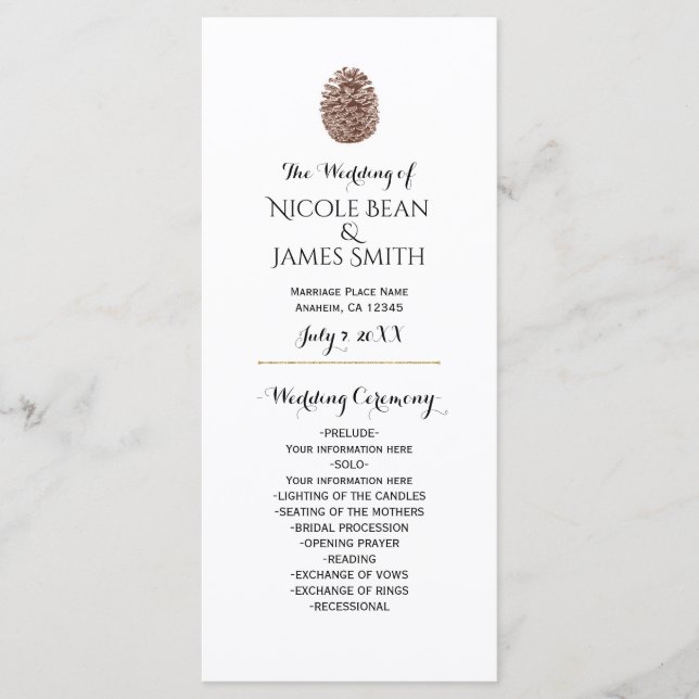 Rustic Pine Cone Elegant Simple Wedding Program (Front)