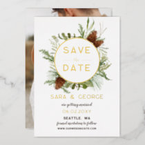 Rustic Pine Cone Fir Branches Photo Save The Date  Foil Invitation