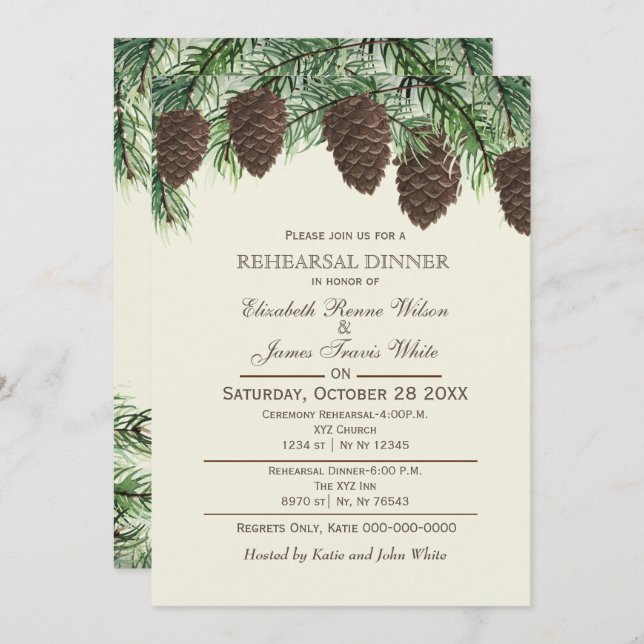 Rustic pine cone fir winter rehearsal dinner invitation (Front/Back)