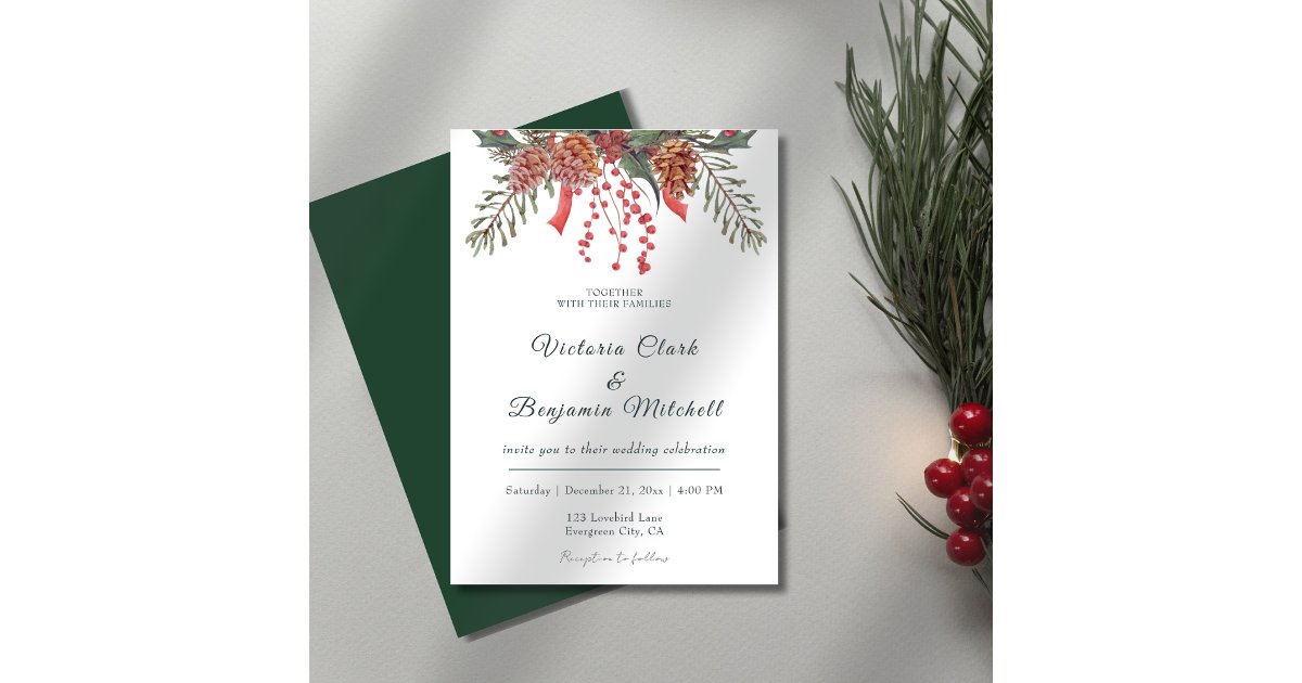 Rustic Pine Cone Greenery Christmas Winter Wedding Invitation | Zazzle