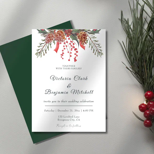 Rustic Pine Cone Greenery Christmas Winter Wedding Invitation | Zazzle