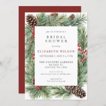 Rustic Pine Cone Holly Christmas Bridal Shower  Invitation