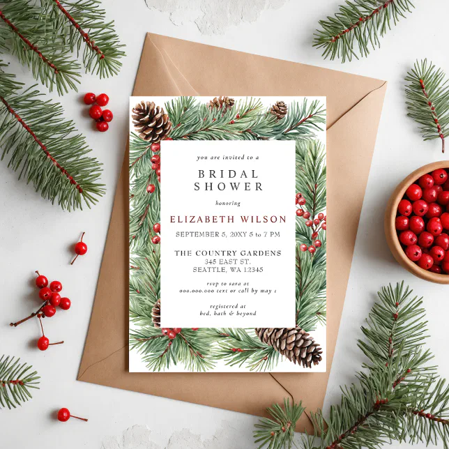 Rustic Pine Cone Holly Christmas Bridal Shower Invitation | Zazzle
